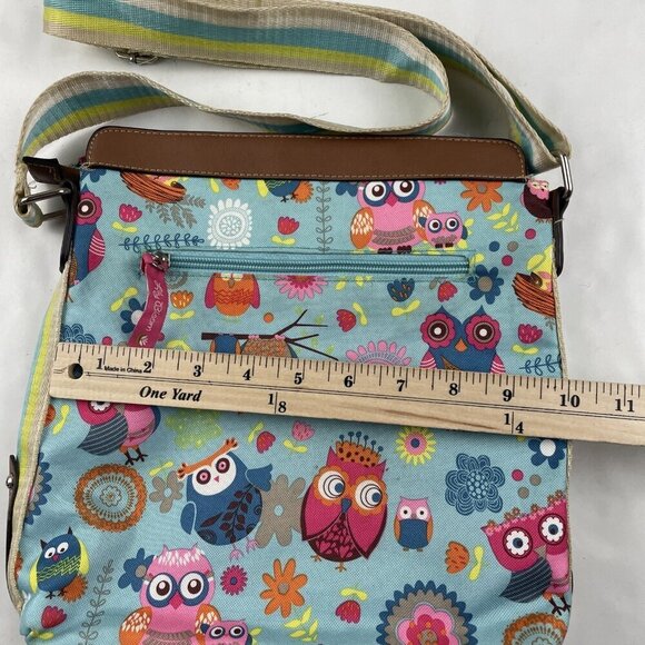 Lily Bloom Crossbody Purse Owls Medium Size Blue Brown Polyester Canvas - Picture 3 of 13